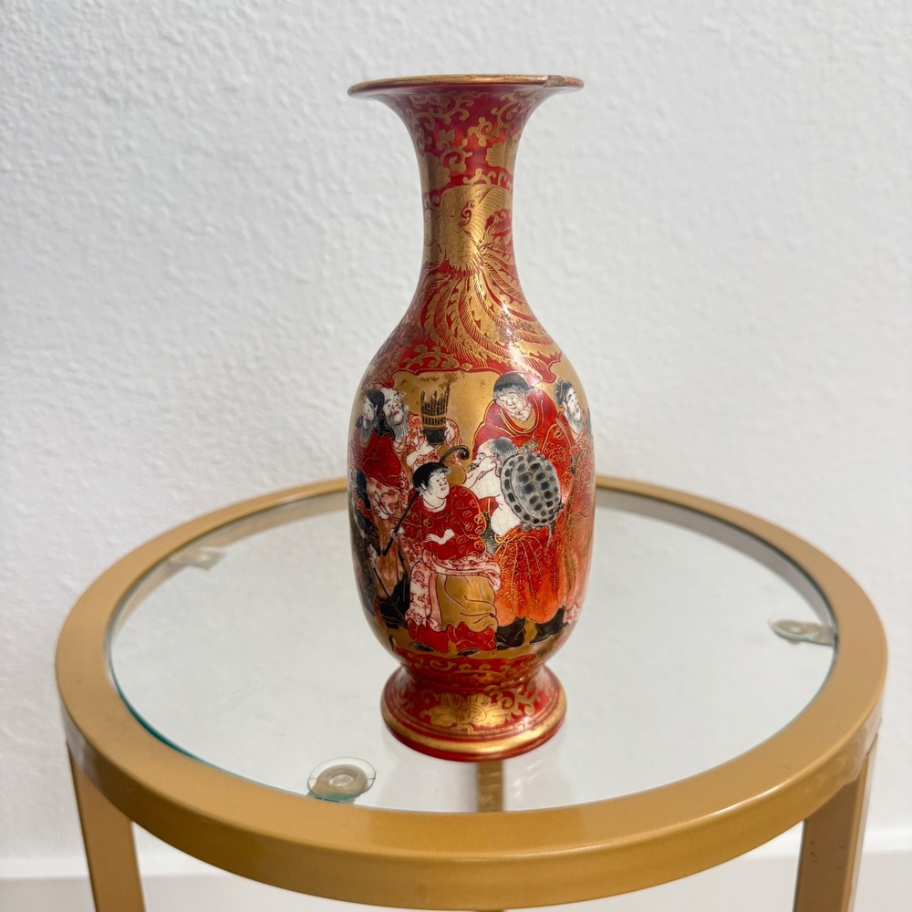 Vintage Japanese Satsuma Signed Vase Figural Porcelain Gilt 8.5 Inch Red Gold